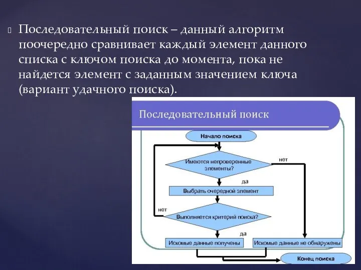 Последовательный поиск – данный алгоритм поочередно сравнивает каждый элемент данного списка с