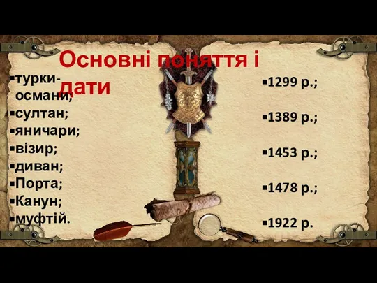 Основні поняття і дати турки-османи; султан; яничари; візир; диван; Порта; Канун; муфтій.