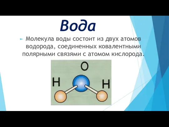 Вода Молекула воды состоит из двух атомов водорода, соединенных ковалентными полярными связями с атомом кислорода.