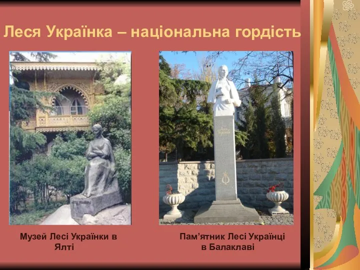 Леся Українка – національна гордість Музей Лесі Українки в Пам’ятник Лесі Українці Ялті в Балаклаві