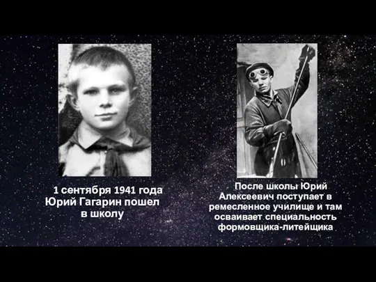 1 сентября 1941 года Юрий Гагарин пошел в школу После школы Юрий