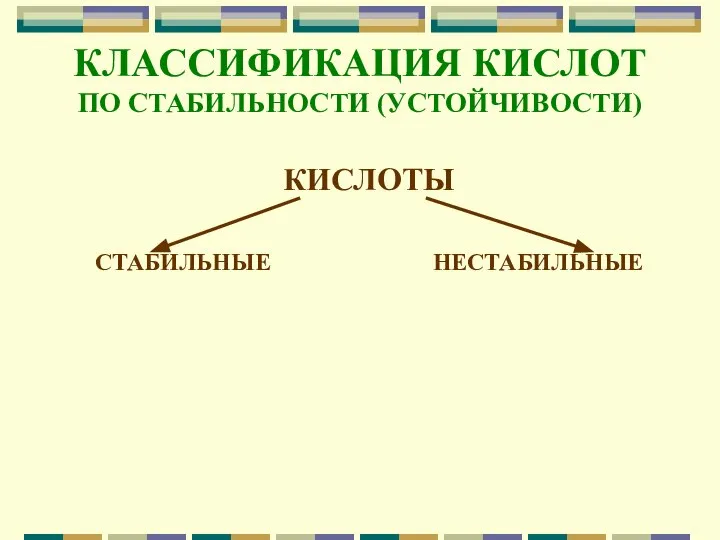 КЛАССИФИКАЦИЯ КИСЛОТ ПО СТАБИЛЬНОСТИ (УСТОЙЧИВОСТИ) КИСЛОТЫ СТАБИЛЬНЫЕ НЕСТАБИЛЬНЫЕ