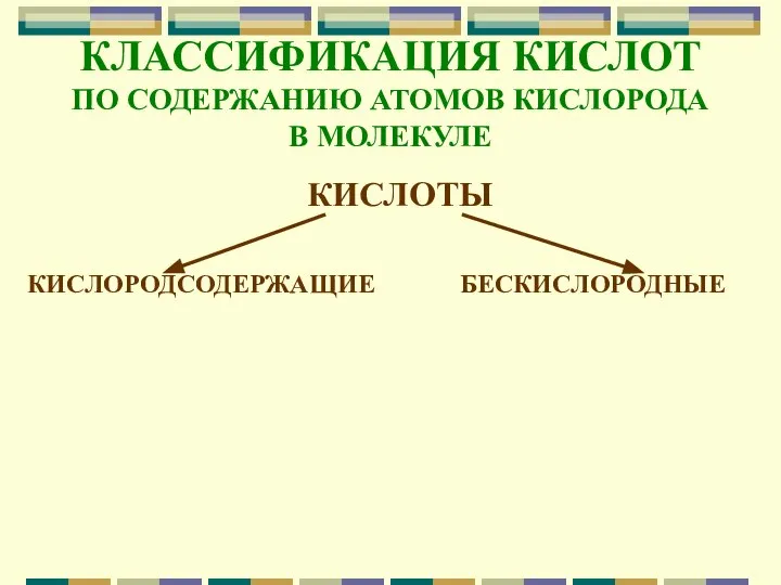 КЛАССИФИКАЦИЯ КИСЛОТ ПО СОДЕРЖАНИЮ АТОМОВ КИСЛОРОДА В МОЛЕКУЛЕ КИСЛОТЫ КИСЛОРОДСОДЕРЖАЩИЕ БЕСКИСЛОРОДНЫЕ