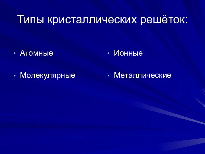 Типы кристаллических решёток: Атомные Молекулярные Ионные Металлические