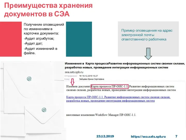 Преимущества хранения документов в СЭА Получение оповещений по изменениям в карточке документа: