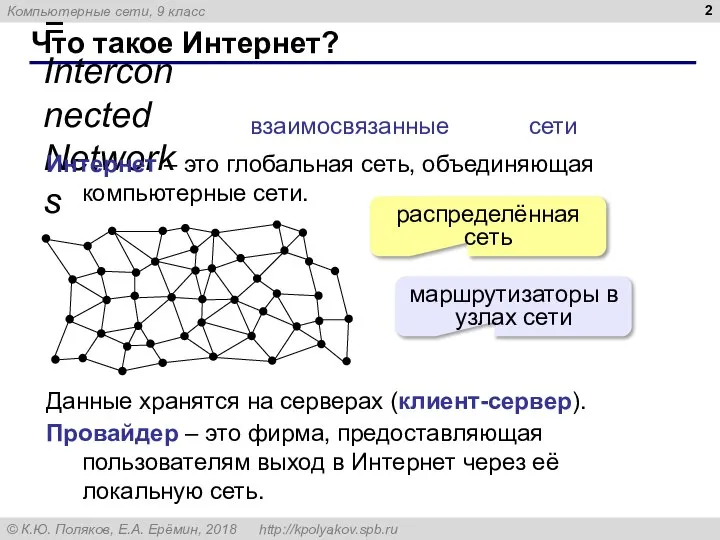 Что такое Интернет? InterNet = Interconnected Networks Интернет – это глобальная сеть,