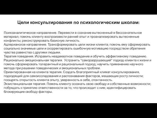 Цели консультирования по психологическим школам: Психоаналитическое направление. Перевести в сознание вытесненный в