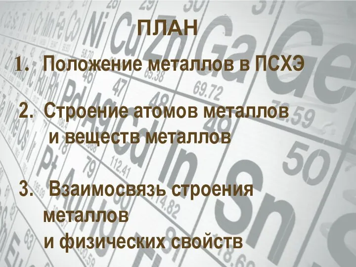 Положение металлов в ПСХЭ 2. Строение атомов металлов и веществ металлов 3.