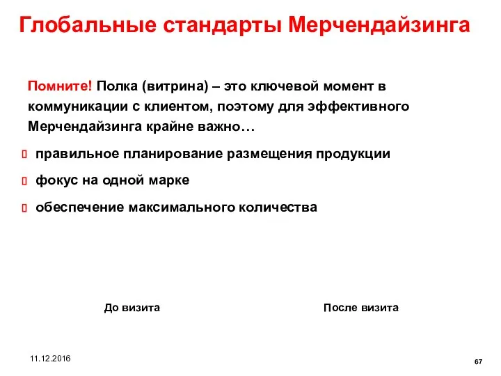 Глобальные стандарты Мерчендайзинга 67 Помните! Полка (витрина) – это ключевой момент в