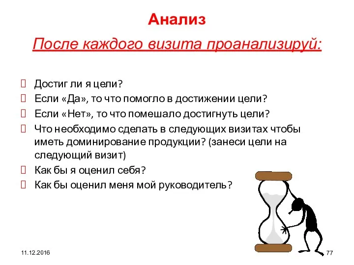 11.12.2016 Анализ После каждого визита проанализируй: Достиг ли я цели? Если «Да»,