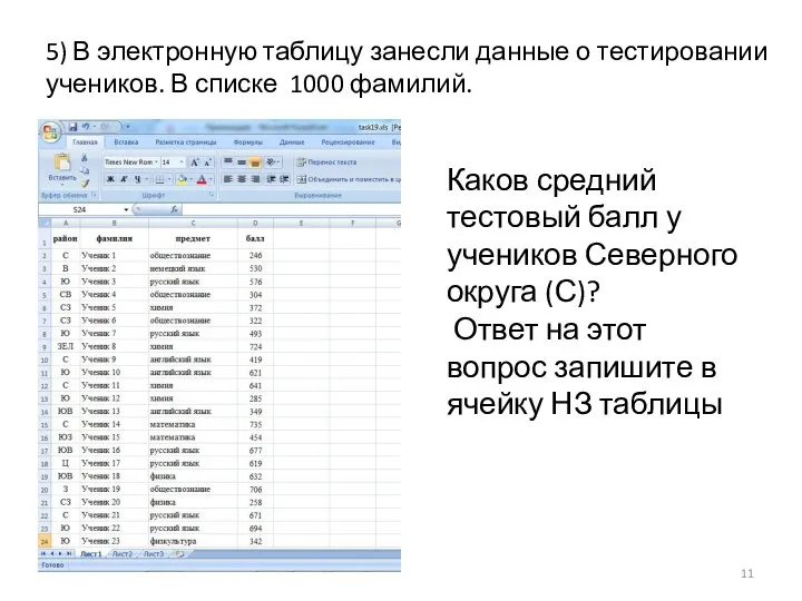 5) В электронную таблицу занесли данные о тестировании учеников. В списке 1000