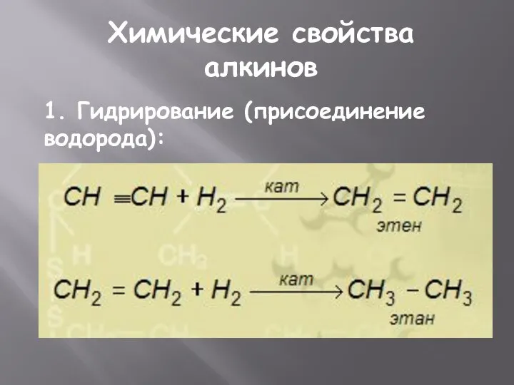 Химические свойства алкинов 1. Гидрирование (присоединение водорода):