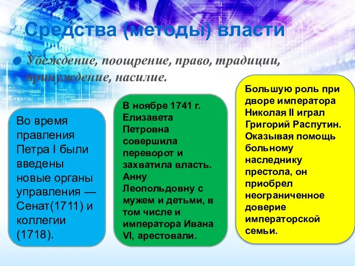 Средства (методы) власти Убеждение, поощрение, право, традиции, принуждение, насилие. Во время правления