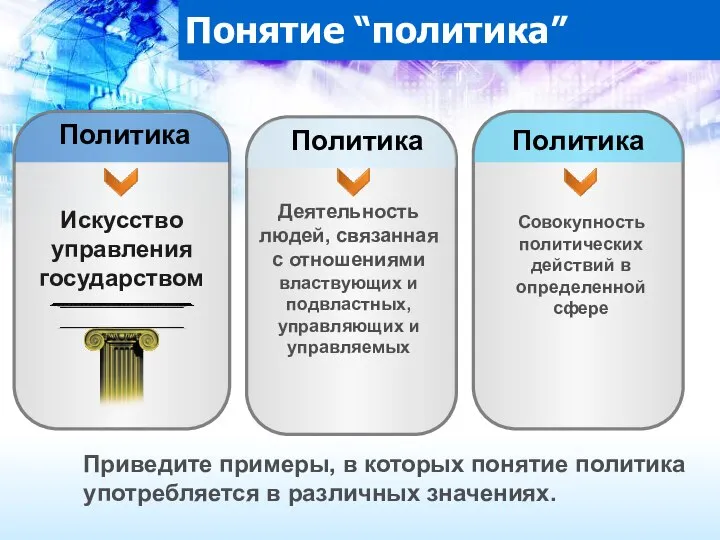 Искусство управления государством Деятельность людей, связанная с отношениями властвующих и подвластных, управляющих