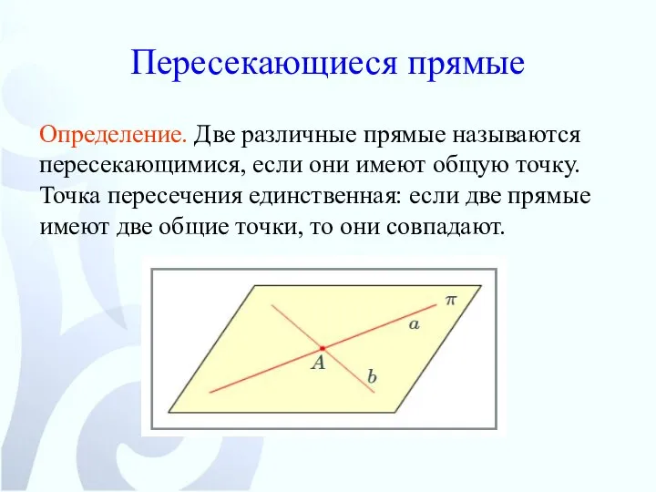 Пересекающиеся прямые Определение. Две различные прямые называются пересекающимися, если они имеют общую