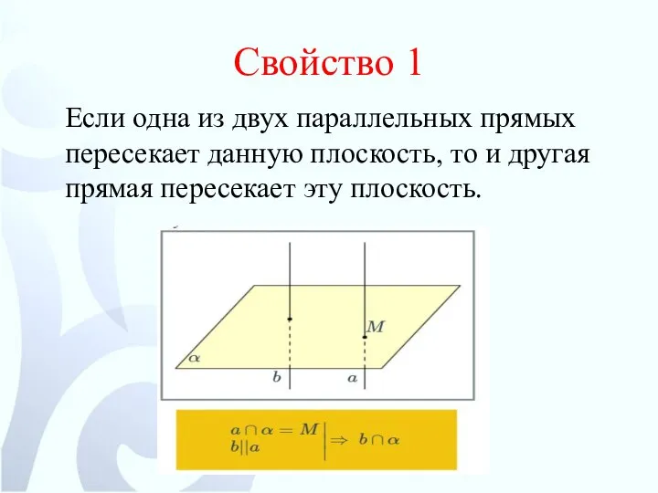 Свойство 1 Если одна из двух параллельных прямых пересекает данную плоскость, то