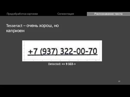 Предобработка картинки Сегментация Распознавание текста Tesseract – очень хорош, но капризен Detected: