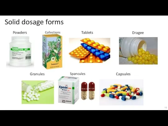 Solid dosage forms Powders Collections Tablets Dragee Granules Spancules Capsules