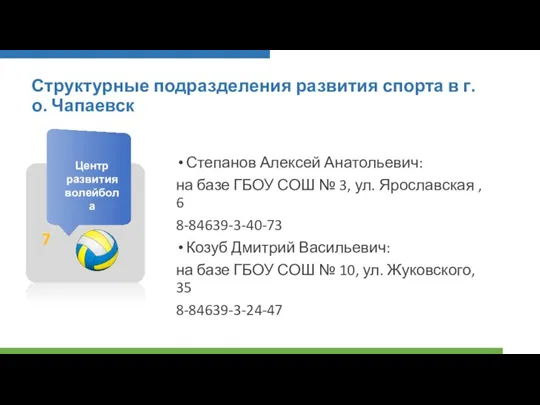 Структурные подразделения развития спорта в г.о. Чапаевск Центр развития волейбола 7 Степанов