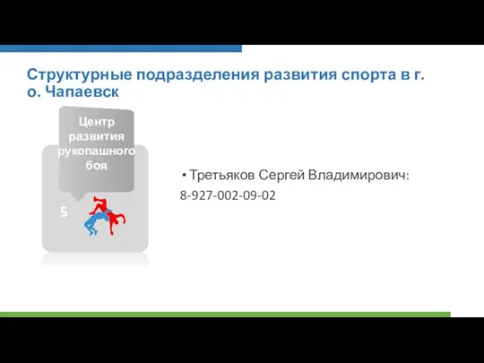 Третьяков Сергей Владимирович: 8-927-002-09-02 Структурные подразделения развития спорта в г.о. Чапаевск Центр развития рукопашного боя 5