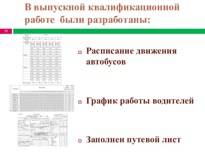 В выпускной квалификационной работе были разработаны: Расписание движения автобусов График работы водителей Заполнен путевой лист