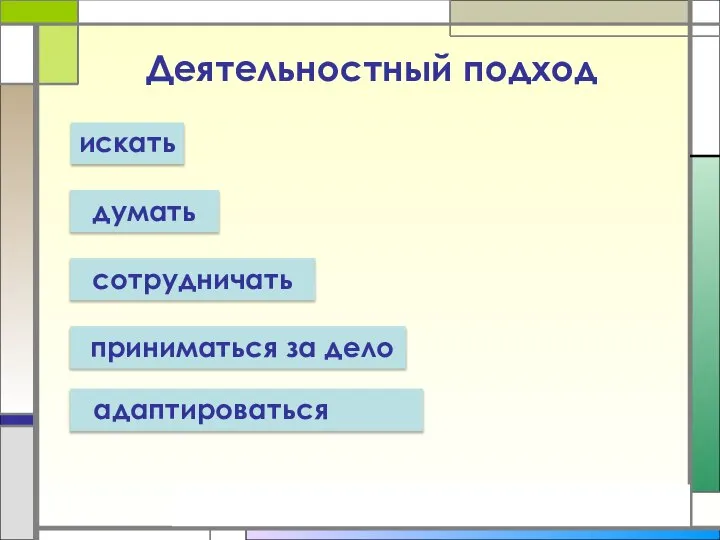 искать адаптироваться приниматься за дело сотрудничать думать Деятельностный подход