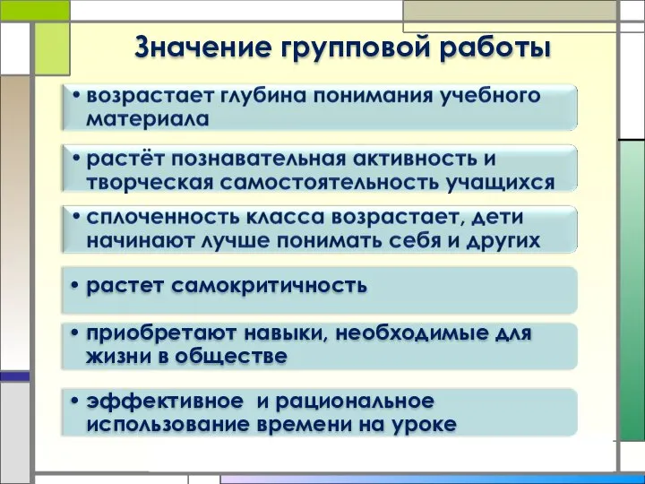 Значение групповой работы растет самокритичность приобретают навыки, необходимые для жизни в обществе