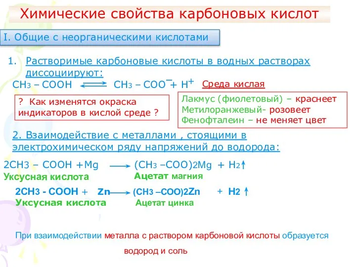 Химические свойства карбоновых кислот І. Общие с неорганическими кислотами Растворимые карбоновые кислоты