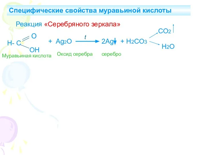 Специфические свойства муравьиной кислоты Реакция «Серебряного зеркала» Н- С О ОН +