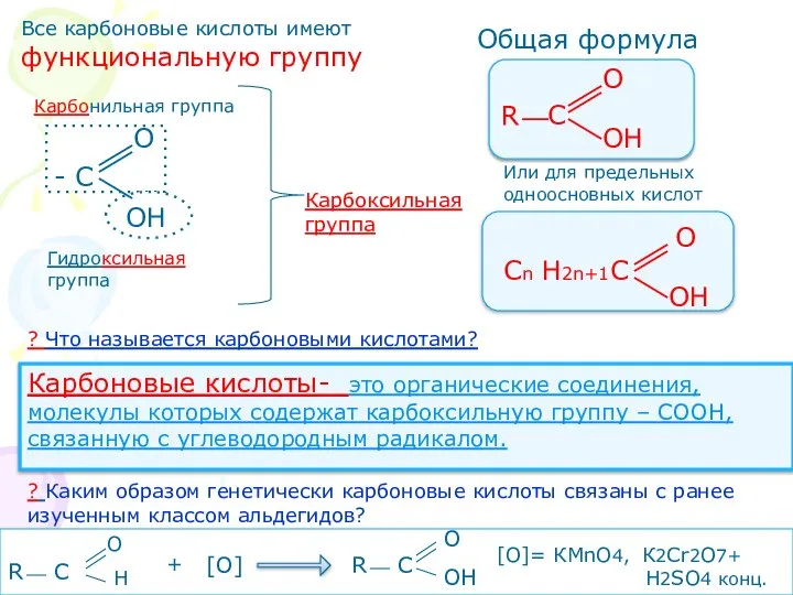 Все карбоновые кислоты имеют функциональную группу - С ОН О Карбонильная группа