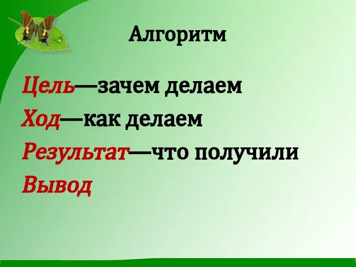 Алгоритм Цель—зачем делаем Ход—как делаем Результат—что получили Вывод