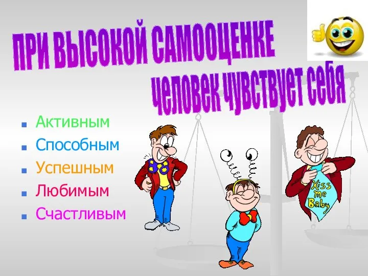 Активным Способным Успешным Любимым Счастливым ПРИ ВЫСОКОЙ САМООЦЕНКЕ человек чувствует себя