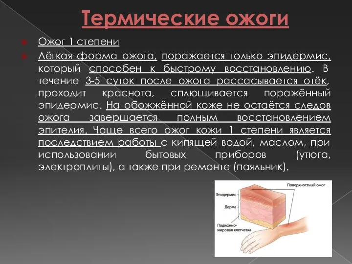 Термические ожоги Ожог 1 степени Лёгкая форма ожога, поражается только эпидермис, который