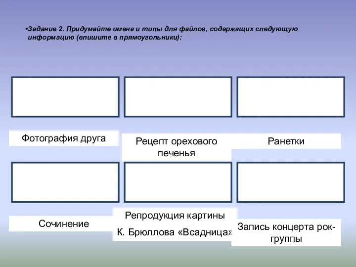 Задание 2. Придумайте имена и типы для файлов, содержащих следующую информацию (впишите