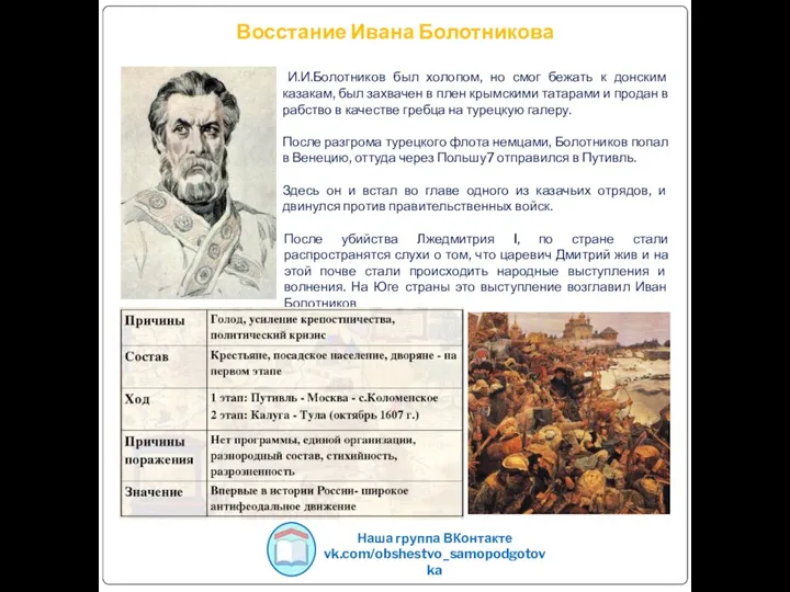 Восстание Ивана Болотникова Наша группа ВКонтакте vk.com/obshestvo_samopodgotovka И.И.Болотников был холопом, но смог