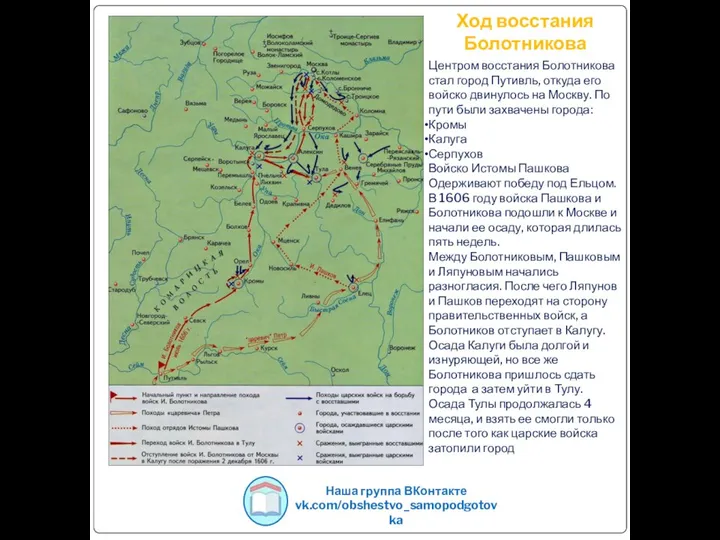 Ход восстания Болотникова Наша группа ВКонтакте vk.com/obshestvo_samopodgotovka Центром восстания Болотникова стал город