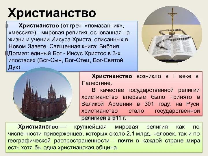 Христианство Христианство (от греч. «помазанник», «мессия») - мировая религия, основанная на жизни