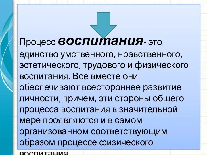 Процесс воспитания- это единство умственного, нравственного, эстетического, трудового и физического воспитания. Все