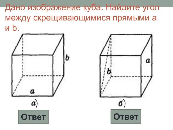 Дано изображение куба. Найдите угол между скрещивающимися прямыми а и b. 90° 45° Ответ Ответ