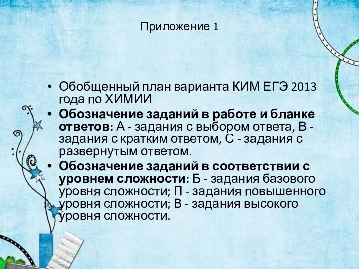 Приложение 1 Обобщенный план варианта КИМ ЕГЭ 2013 года по ХИМИИ Обозначение