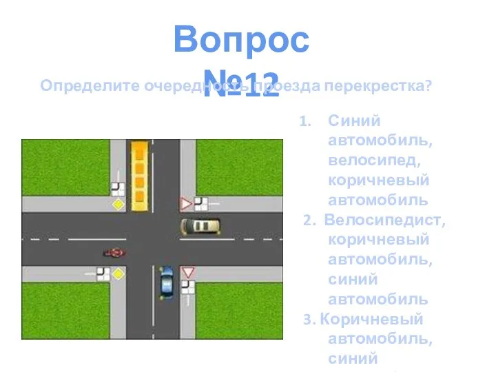 Вопрос №12 Определите очередность проезда перекрестка? Синий автомобиль, велосипед, коричневый автомобиль 2.