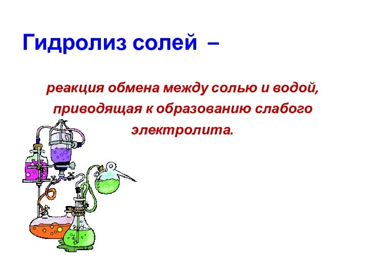 Гидролиз солей – реакция обмена между солью и водой, приводящая к образованию слабого электролита.