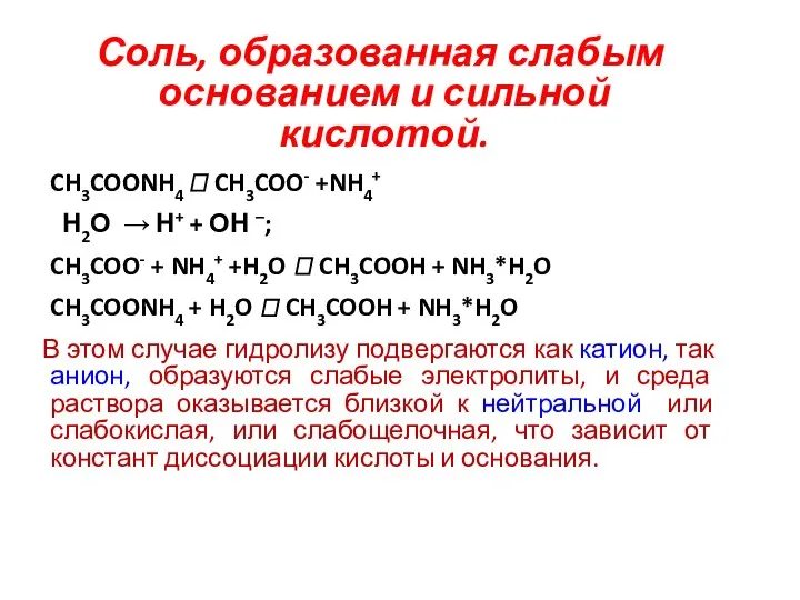 Соль, образованная слабым основанием и сильной кислотой. CH3COONH4 ? CH3COO- +NH4+ Н2О