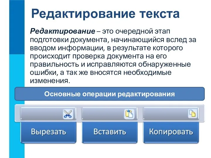 Редактирование – это очередной этап подготовки документа, начинающийся вслед за вводом информации,