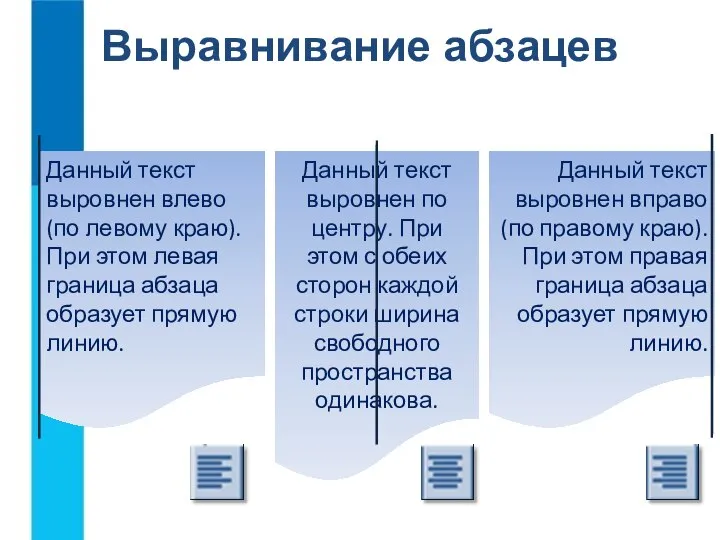 Выравнивание абзацев Данный текст выровнен влево (по левому краю). При этом левая