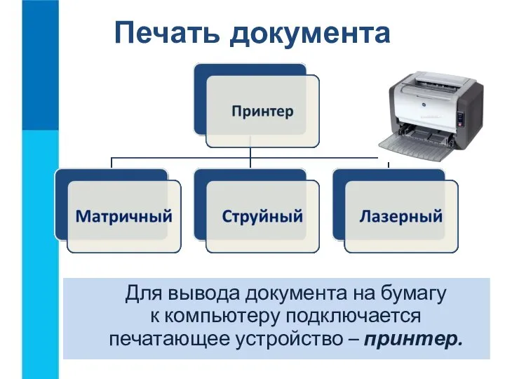 Для вывода документа на бумагу к компьютеру подключается печатающее устройство – принтер. Печать документа