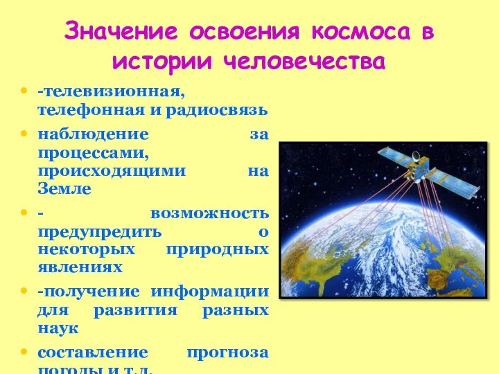 Значение освоения космоса в истории человечества -телевизионная, телефонная и радиосвязь наблюдение за