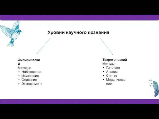 Уровни научного познания Эмпирический Методы: Наблюдение Измерение Описание Эксперимент Теоретический Методы: Гипотеза Анализ Синтез Моделирование