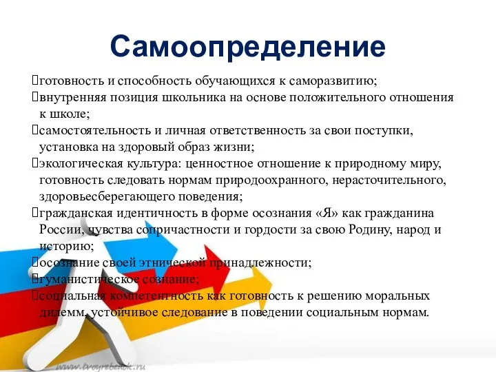 Самоопределение готовность и способность обучающихся к саморазвитию; внутренняя позиция школьника на основе