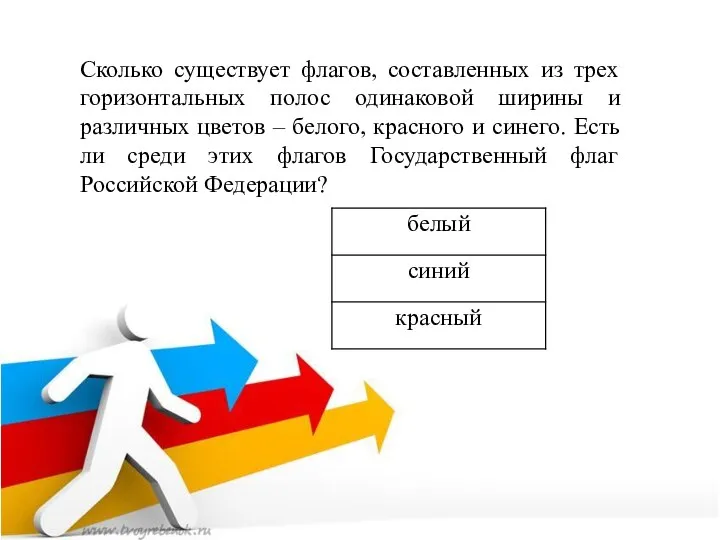 Сколько существует флагов, составленных из трех горизонтальных полос одинаковой ширины и различных